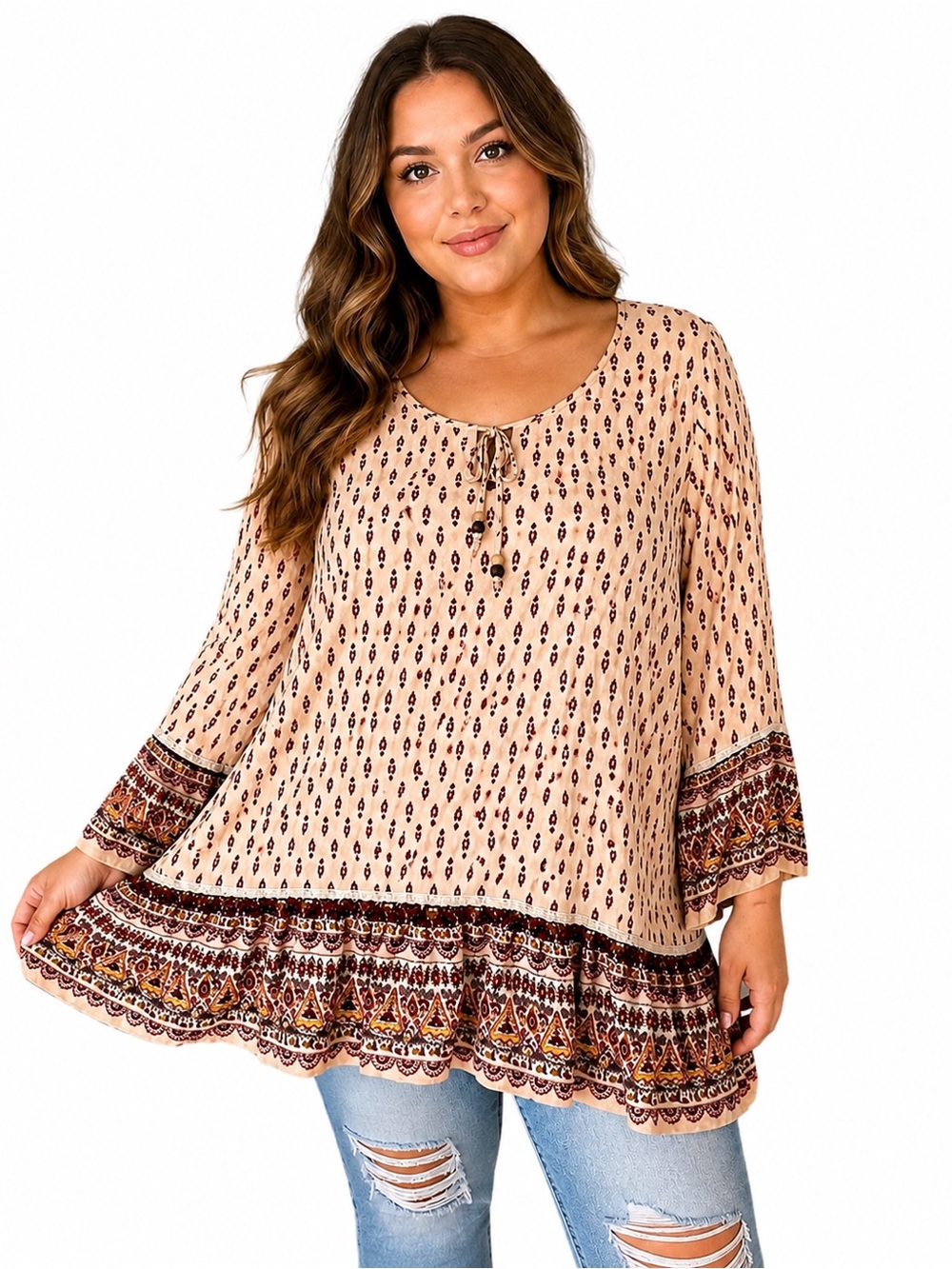 COC 2XL Boho Tunic Top Paisley Bell Sleeve Ruffle Peasant Cottagecore Rayon